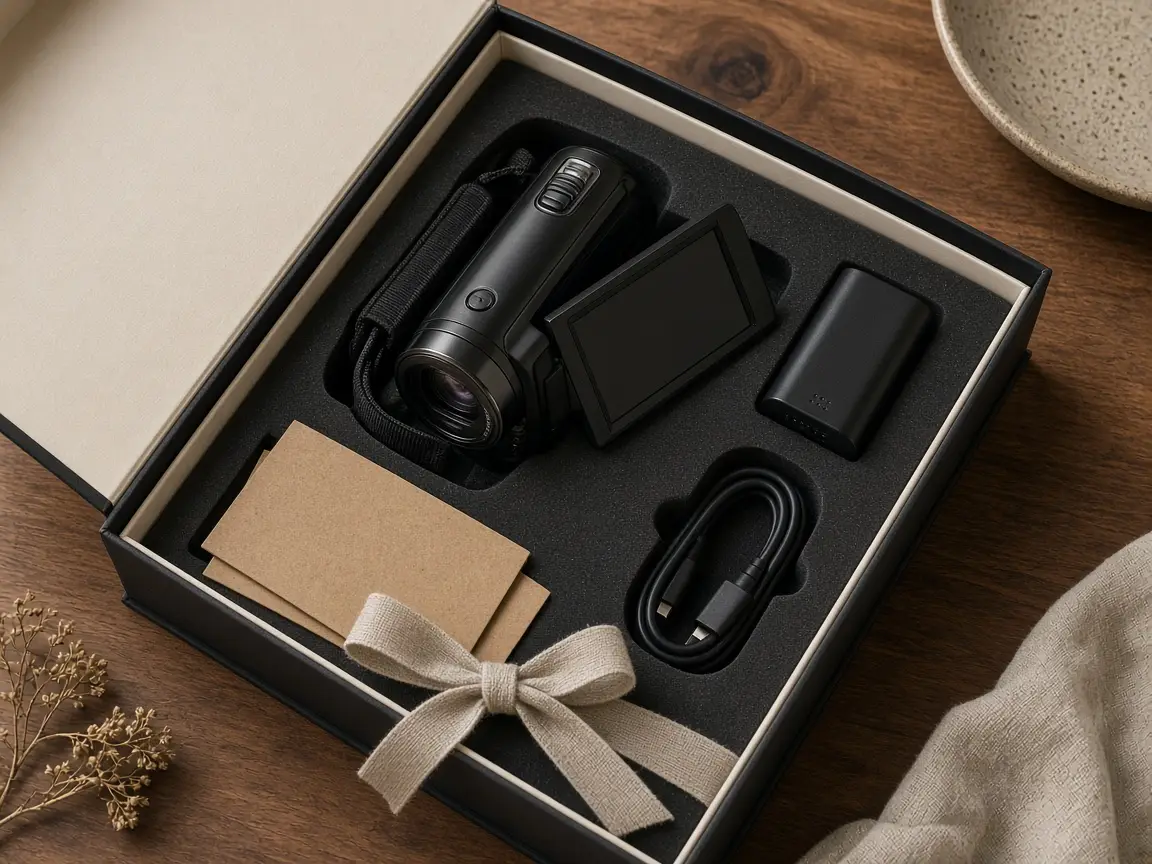 An open black kit box holding a compact 4K camcorder, a battery, a charging cable and tip cards on a wooden table